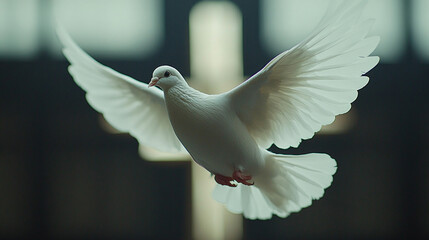 pure white dove in flight against a blurred background featuring a Christian cross. The image symbolizes peace, hope, spirituality, and divine grace, often associated with faith and renewal