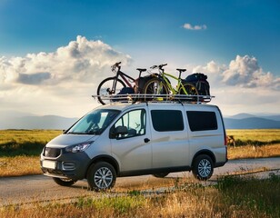 Van with bags and bicycles are on the roof