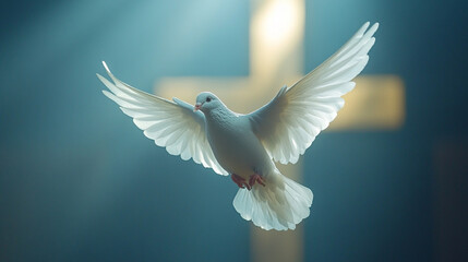 pure white dove in flight against a blurred background featuring a Christian cross. The image symbolizes peace, hope, spirituality, and divine grace, often associated with faith and renewal