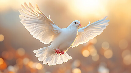 Fototapeta premium pure white dove in flight against a blurred background featuring a Christian cross. The image symbolizes peace, hope, spirituality, and divine grace, often associated with faith and renewal