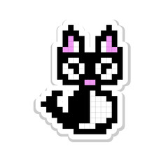 Pixel art sticker for print on different product, social media communication. Cute cat isolated vector illustration on white background.