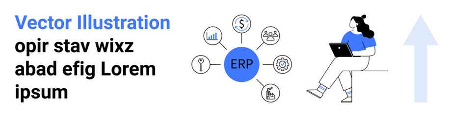 Woman using a laptop, blue ERP icon in center connected to finance, analytics, settings, manufacturing, people, and key icons. Ideal for business workflows, software management, productivity