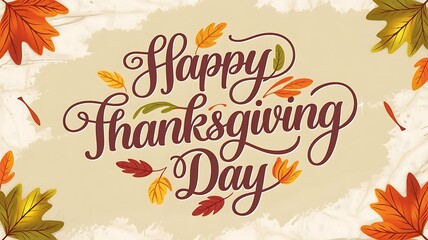Obraz premium Elegant Thanksgiving Greeting Card with Hand-Lettered 'Happy Thanksgiving Day' Typography, Adorned with Autumn Leaves in Orange, Yellow, and Green on a Soft Marble Background