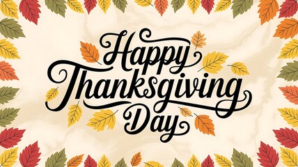 Fototapeta premium Elegant Thanksgiving Greeting Card with Hand-Lettered 'Happy Thanksgiving Day' Typography, Adorned with Autumn Leaves in Orange, Yellow, and Green on a Soft Marble Background