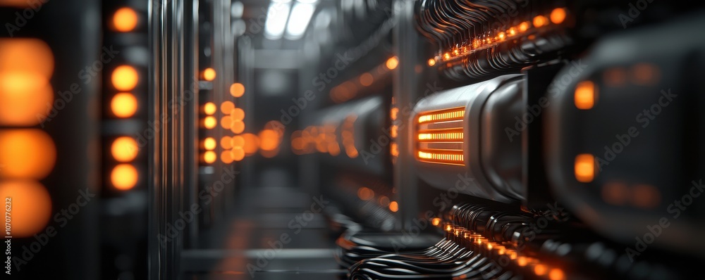 Poster exploring the impact of server farms with glowing wires on internet infrastructure trends