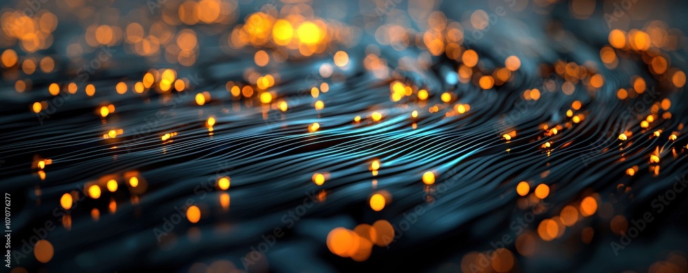 Poster exploring the evolution of server farm infrastructure with glowing wires in modern internet trends