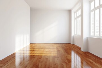 A spacious, empty room with wooden flooring and large windows allowing natural light to illuminate the space.