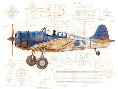 Vintage Aircraft Blueprint: A weathered, blue and white vintage airplane takes center stage against a backdrop of intricate blueprint designs, evoking a sense of history, craftsmanship.