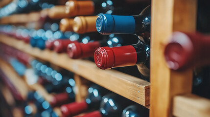 Dimly lit wine cellar filled with rustic wooden shelves holding an array of vintage wine bottles. The warm ambiance and organized chaos evoke a sense of tradition, luxury, and history