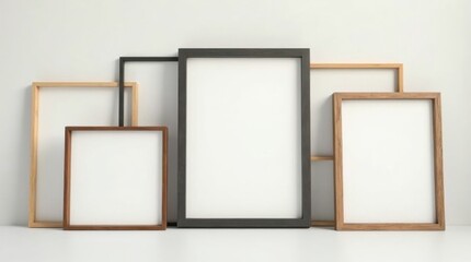 A collection of empty sleek photo frames in different styles: wooden, metallic, minimalist, black, and colorful.