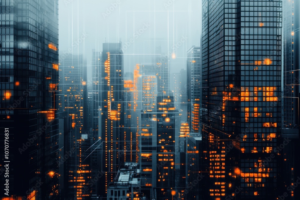 Aufkleber exploring urban buildings enhanced by digital lines evolving trends in internet infrastructure