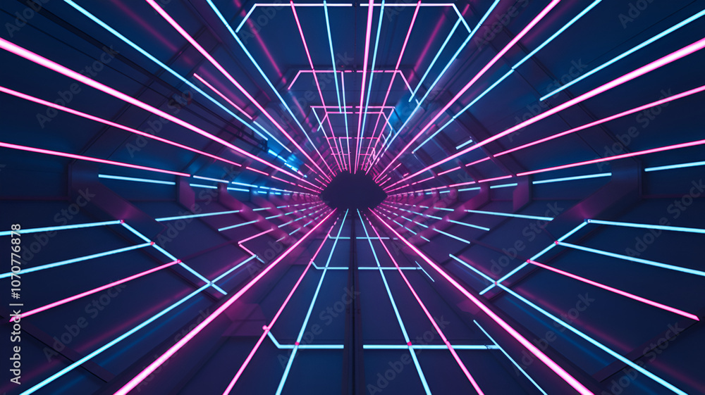 Poster futuristic tunnel illuminated with vibrant pink and blue neon lights creating a dynamic visual exper