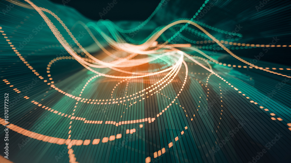Poster abstract digital wave patterns create a futuristic visual, showcasing vibrant orange and teal colors