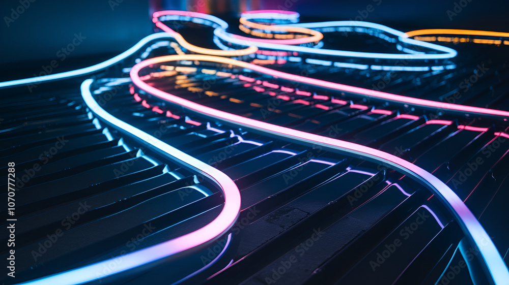 Poster colorful neon lights glowing on a surface create a mesmerizing design in a dark setting during the e