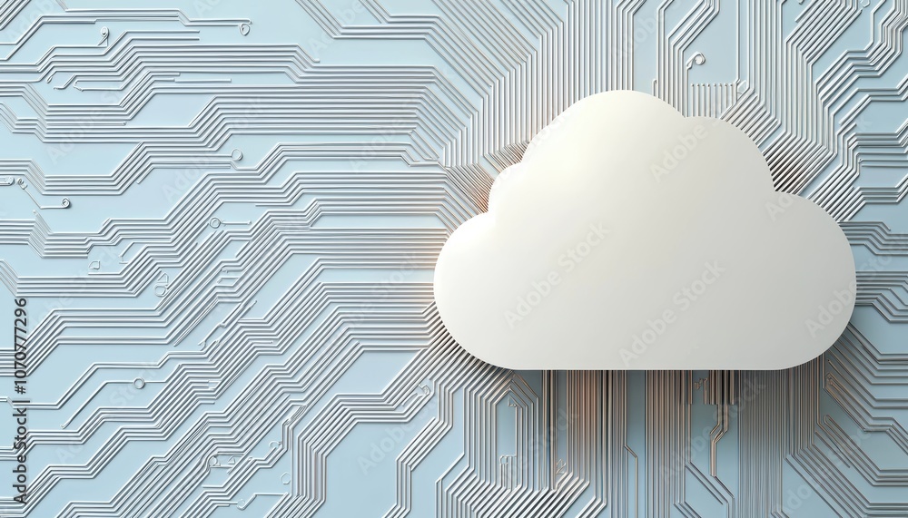Poster AI processor embedded in a cloud icon with circuit nodes, futuristic and clean design, perfect for tech and cloud computing themes, 3D illustration