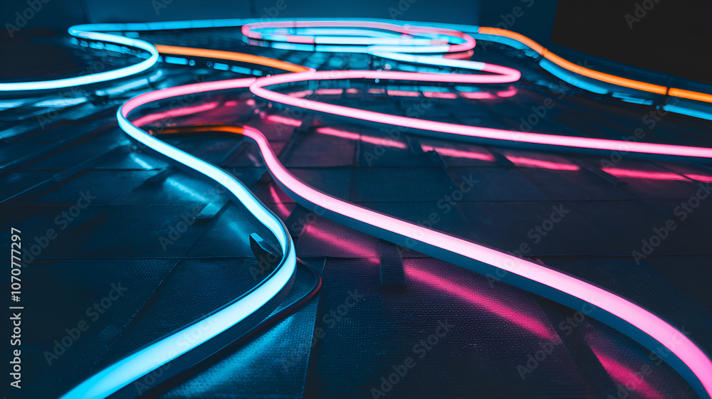Poster colorful neon light trails winding across the floor in a darkened space, creating an artistic visual