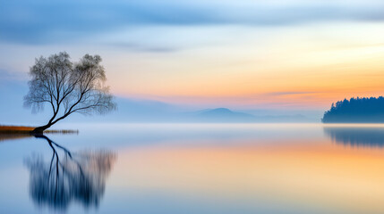 Tranquil Morning Landscape with Peaceful Lake and Soft Pastel Colors