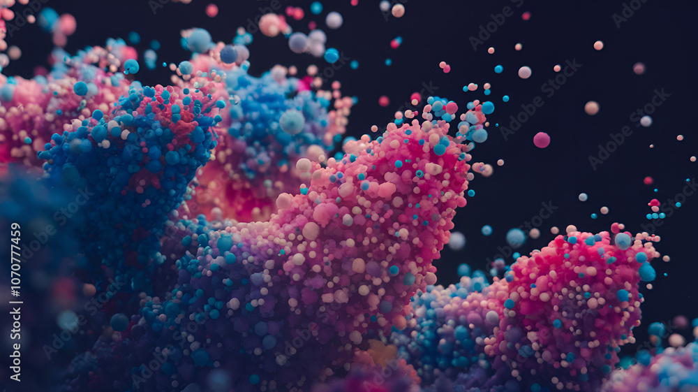 Poster colorful abstract particles swirling in a dynamic display against a dark background, captivating vie