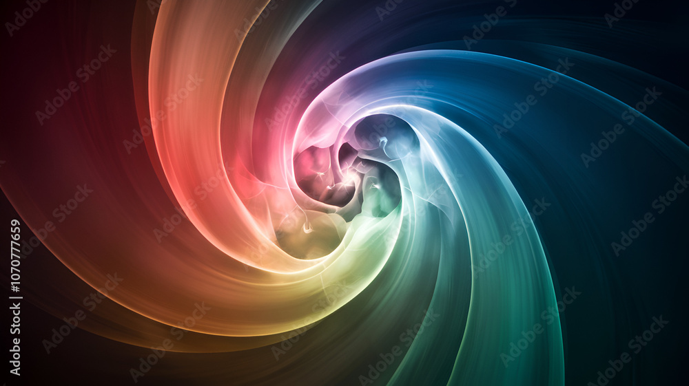 Poster colorful abstract swirl design with smooth gradients and vibrant hues on a dark background, creating