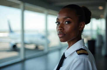 Obraz premium Black female civil aviation pilot portrait close up in airport background