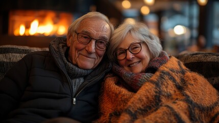 An elderly couple enjoys a tender moment together, wrapped in a warm blanket, as they sit close by a crackling fireplace in a cozy cabin. The atmosphere is filled with warmth and love.