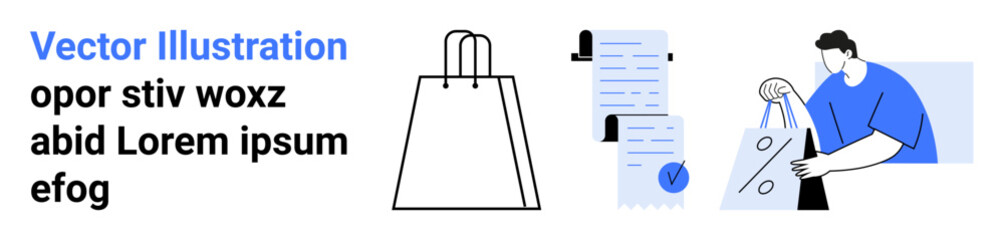 Shopping bag, receipt, and person packing products highlight e-commerce and retail. Ideal for online shopping, checkout process, retail marketing, business, shopping apps, transaction, and packaging