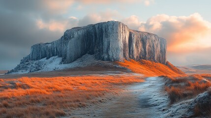 Fototapeta premium A towering cliff stands against a colorful sky, snow-covered and bathed in the light of the setting sun. The foreground is a field of dry grass and a winding path.
