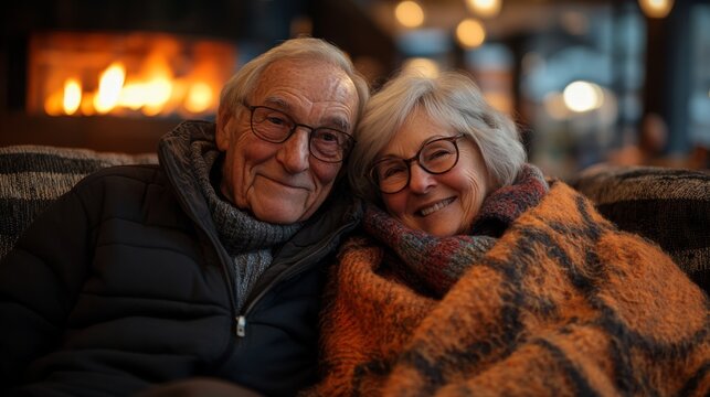 An elderly couple enjoys a tender moment together, wrapped in a warm blanket, as they sit close by a crackling fireplace in a cozy cabin. The atmosphere is filled with warmth and love.