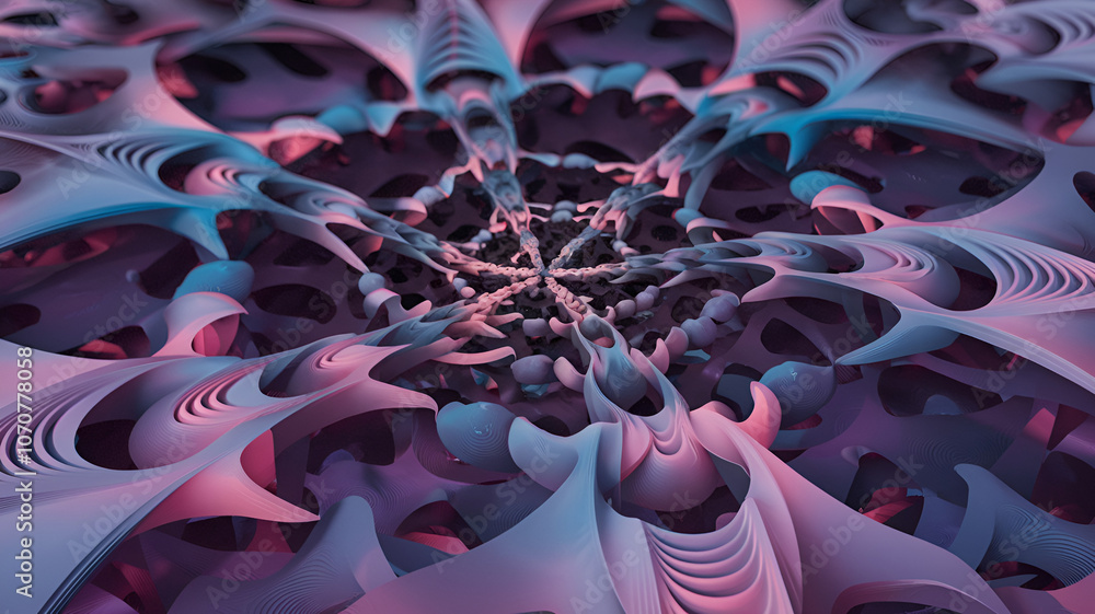 Poster intricate abstract pattern showcasing swirling shapes and vibrant colors in a digital artwork collec
