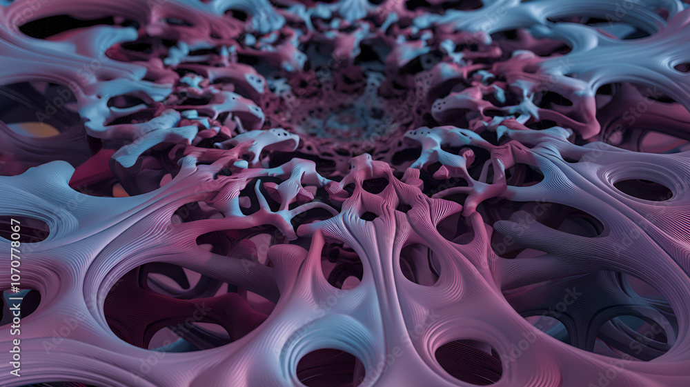 Poster intricate abstract design featuring organic shapes in blue and purple tones, showcasing detailed tex