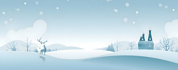 Naklejka premium A serene winter landscape featuring a deer, snow-covered hills, and a cozy cottage.