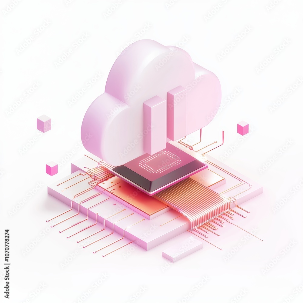Poster cloud technology icon with ai processor and connected circuits, clean and innovative design for arti