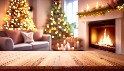 Im Vordergrund ein Tisch, im Hintergrund ein weihnachtlich dekoriertes Wohnzimmer