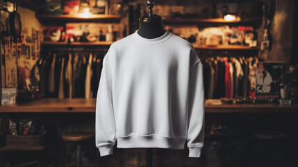 Fototapeta premium White sweatshirt displayed on a mannequin in a vintage clothing store surrounded by apparel