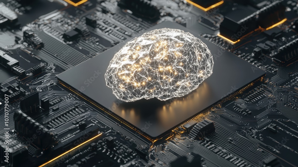 Poster glowing brain with network connections on circuit board, digital neural network, ai technology conce