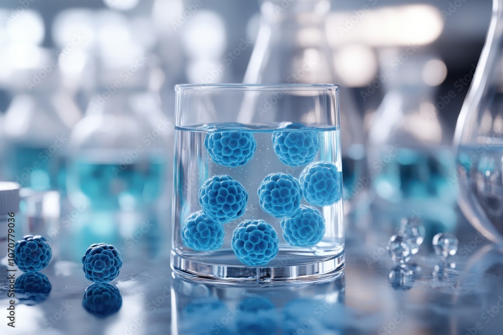 Poster blue spherical particles suspended in clear liquid in a laboratory setting during daylight