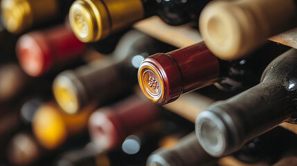 Dimly lit wine cellar filled with rustic wooden shelves holding an array of vintage wine bottles. The warm ambiance and organized chaos evoke a sense of tradition, luxury, and history