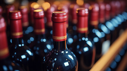 Dimly lit wine cellar filled with rustic wooden shelves holding an array of vintage wine bottles. The warm ambiance and organized chaos evoke a sense of tradition, luxury, and history