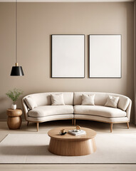 Stylish curved modern sofa in a minimalist living room setting with chic wooden side tables and soft rug with picture on the wall. Bege color
