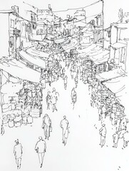 Obraz premium A single line drawing depicting a bustling marketplace with vendors and shoppers. The scene captures the energy and activity of a busy market, filled with people, stalls, and goods. This illustration 
