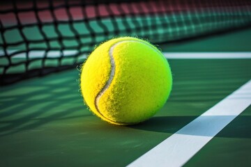 A close-up of a bright yellow tennis ball resting on a green court near a net, symbolizing the sport of tennis.