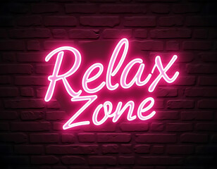 Relax zone lettering motivation quote glowing neon color on brick wall background.