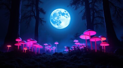 A surreal, fantasy-inspired forest background with vibrant bioluminescent mushrooms growing under a glowing canopy.