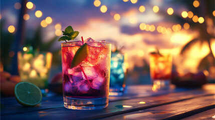 close-up on unbranded a vibrant outdoor party scene at night, showcasing unbranded liquor glass and colorful drinks on a table under string lights