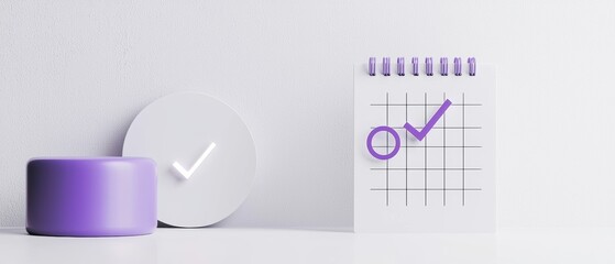 Sleek calendar with purple rings and checkmark symbol, isolated on white background, efficient scheduling concept, 3D illustration, isolated on white background