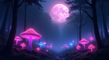 A surreal, fantasy-inspired forest background with vibrant bioluminescent mushrooms growing under a glowing canopy.