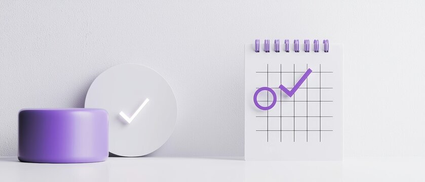 Sleek calendar with purple rings and checkmark symbol, isolated on white background, efficient scheduling concept, 3D illustration, isolated on white background