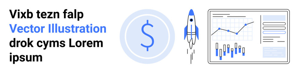 Dollar sign, rocket, and financial graphs reflect growth, analytics, and investment themes. Ideal for startups, finance, analytics, marketing, investment, technology growth Landing page