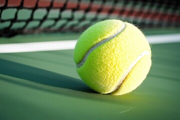 A close-up of a bright yellow tennis ball resting on a green court surface near a net.