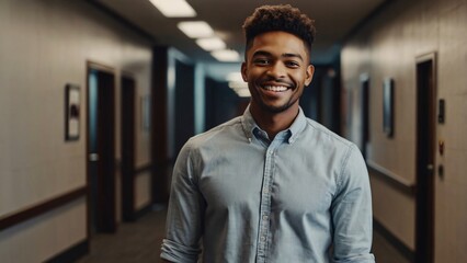 Obraz premium Happy young man in office corridor